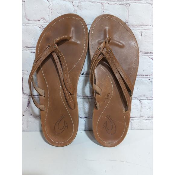 Olukai Women's U'i 20245 Thong Slide Sandals, Tan Leather, Womens Size 9/39 - Picture 1 of 12